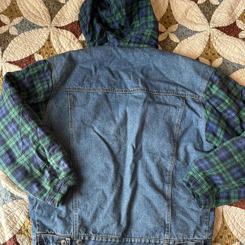 Vintage Fluid Blues denim jacket with green plaid hood & sleeves Size M - Picture 4 of 5